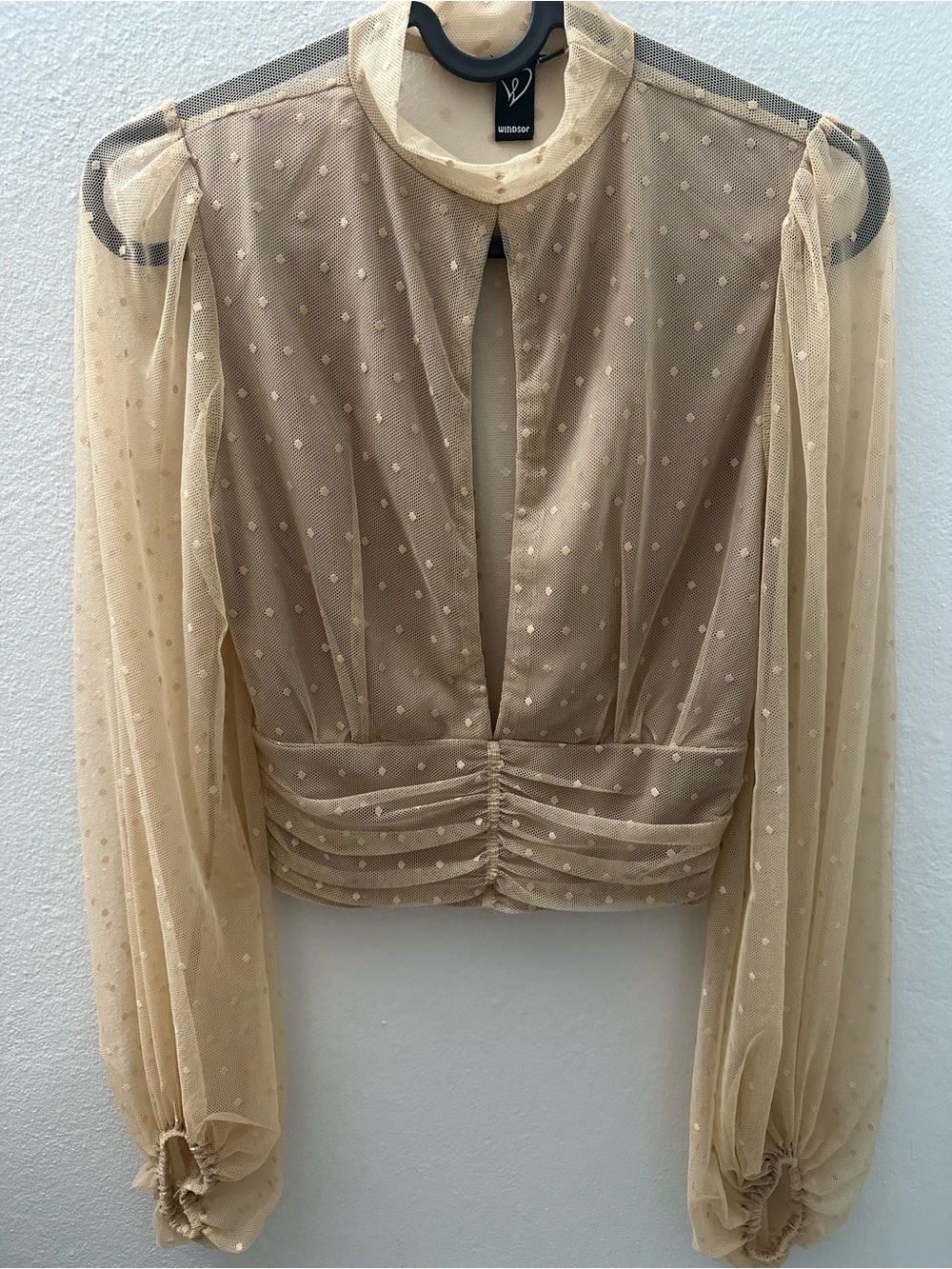 Windsor Beige Sheer Dot Long-Sleeve Keyhole Blouse